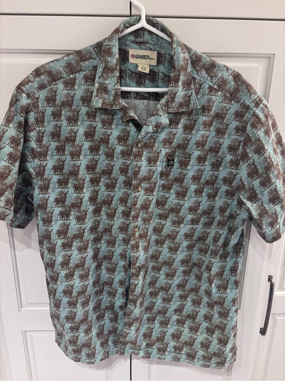 Gander Mountain Aqua and Brown Short-Sleeve Button-Down Camp Shirt large